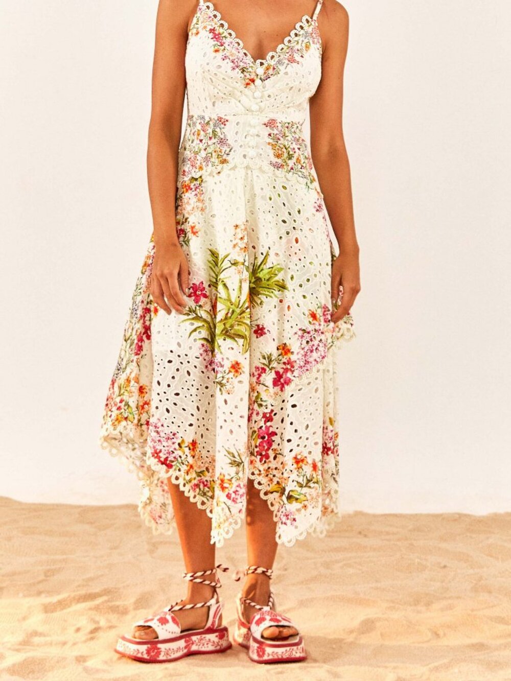 FARM Rio Delicate Forest Scarves Eyelet Midi Dress Macaw M